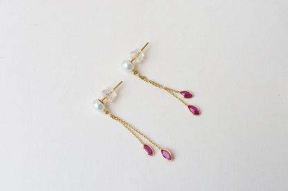 Pearl Ruby Drop Earrings, 18K Solid Yellow Gold, Marquise Ruby Chain Dangles with Diamond, Pearl Stud Tassel Earrings, July Birthstone Gift