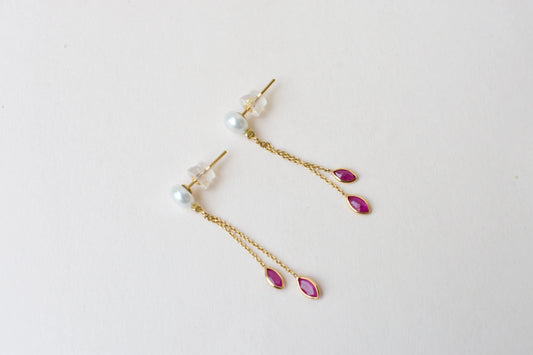Pearl Ruby Drop Earrings, 18K Solid Yellow Gold, Marquise Ruby Chain Dangles with Diamond, Pearl Stud Tassel Earrings, July Birthstone Gift