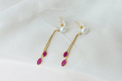 Pearl Ruby Drop Earrings, 18K Solid Yellow Gold, Marquise Ruby Chain Dangles with Diamond, Pearl Stud Tassel Earrings, July Birthstone Gift