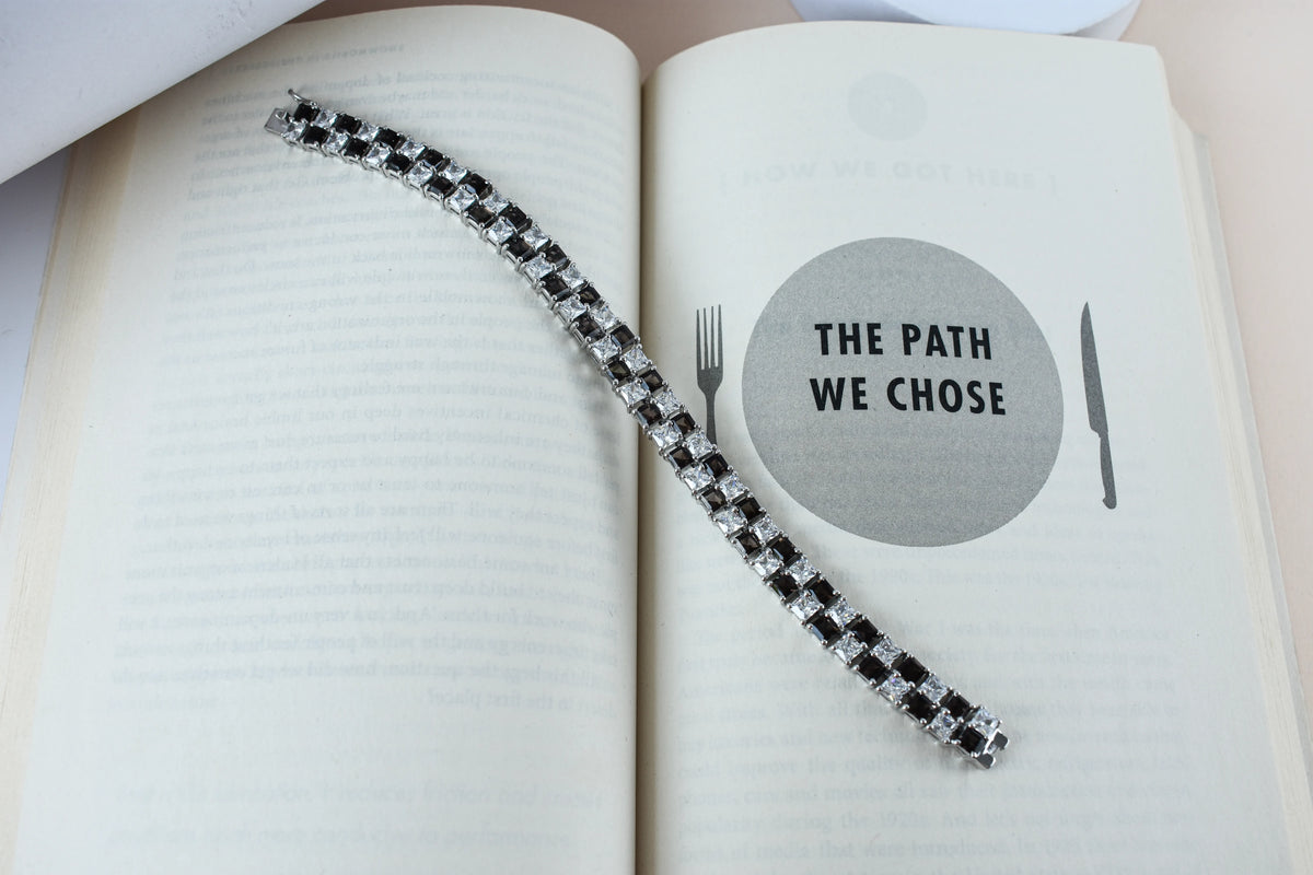Black and white checkerboard tennis bracelet in silver