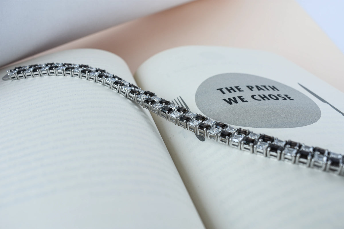 Black and white checkerboard tennis bracelet in silver