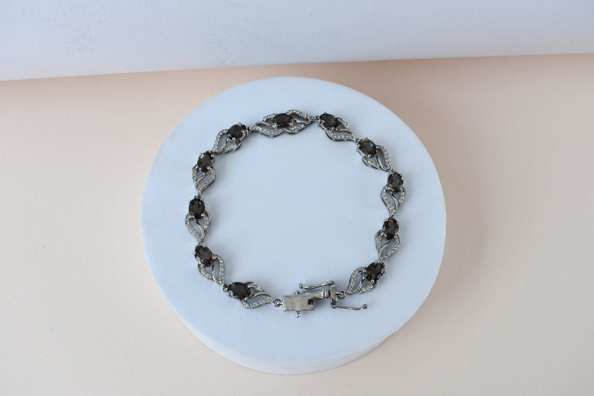 Genuine smoky quartz and white cubic zirconia bracelet in 925 silver wave link design