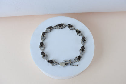 Genuine smoky quartz and white cubic zirconia bracelet in 925 silver wave link design