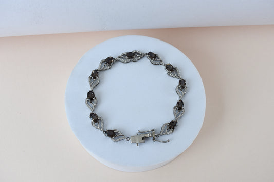 Genuine smoky quartz and white cubic zirconia bracelet in 925 silver wave link design