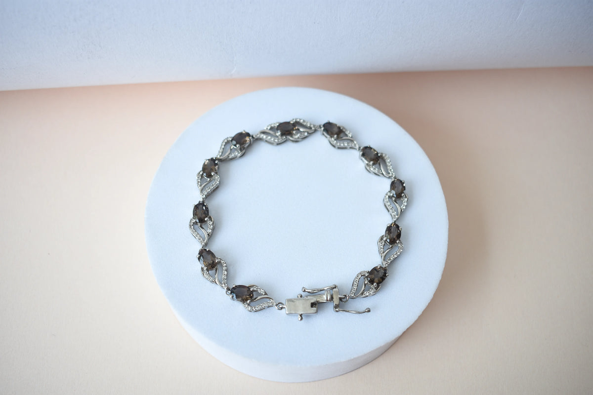 Genuine smoky quartz and white cubic zirconia bracelet in 925 silver wave link design