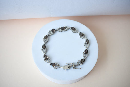Genuine smoky quartz and white cubic zirconia bracelet in 925 silver wave link design