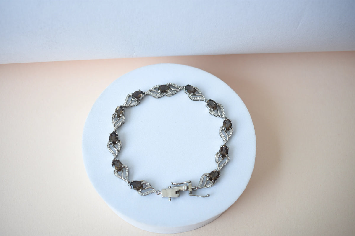 Genuine smoky quartz and white cubic zirconia bracelet in 925 silver wave link design