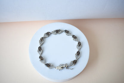 Genuine smoky quartz and white cubic zirconia bracelet in 925 silver wave link design