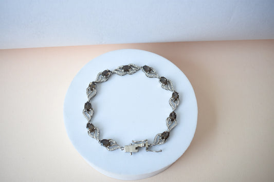 Genuine smoky quartz and white cubic zirconia bracelet in 925 silver wave link design