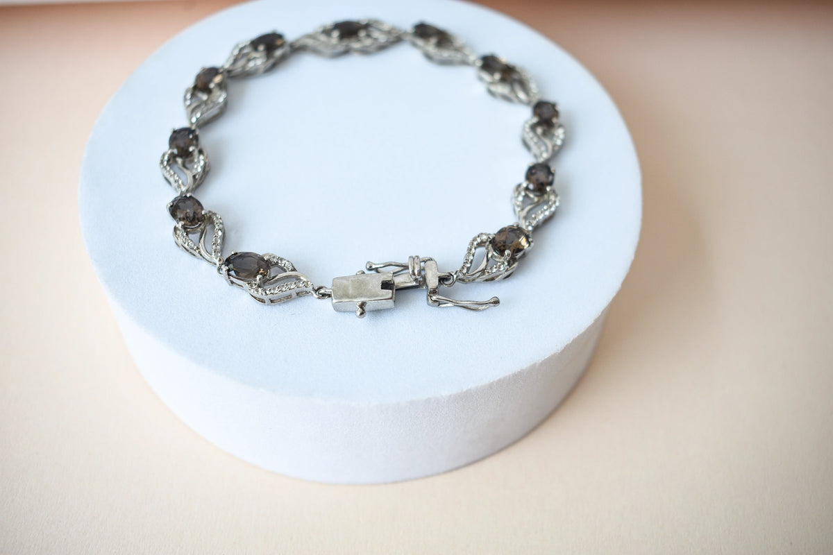 Genuine smoky quartz and white cubic zirconia bracelet in 925 silver wave link design