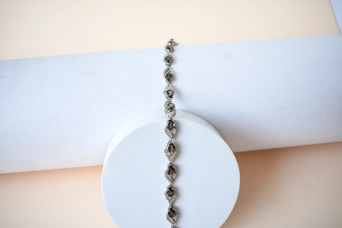 Genuine smoky quartz and white cubic zirconia bracelet in 925 silver wave link design