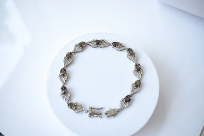 Genuine smoky quartz and white cubic zirconia bracelet in 925 silver wave link design