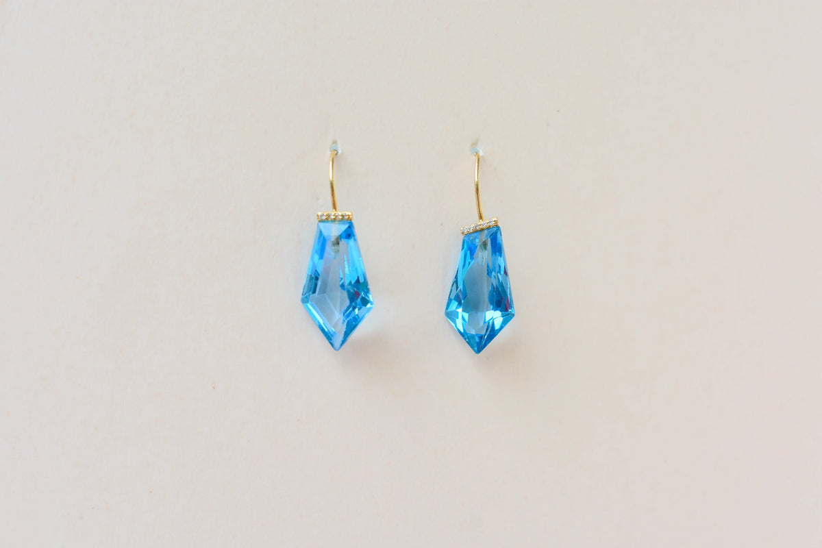 18K gold blue topaz drop earrings with diamond accent