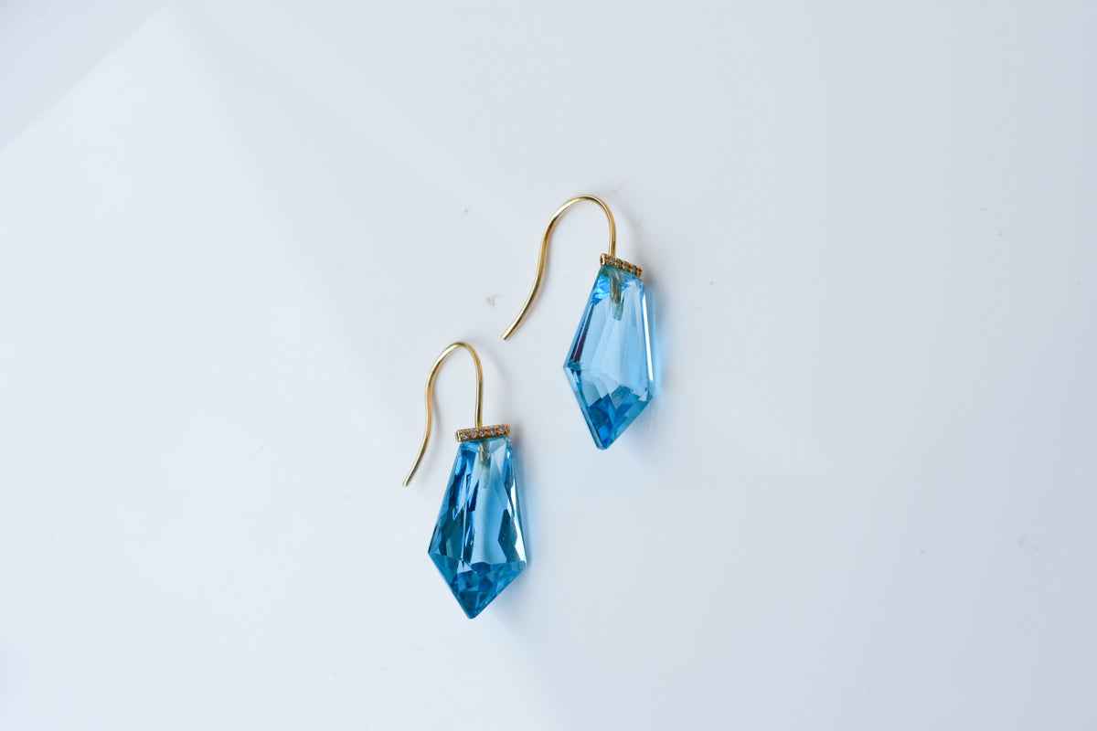 18K gold blue topaz drop earrings with diamond accent