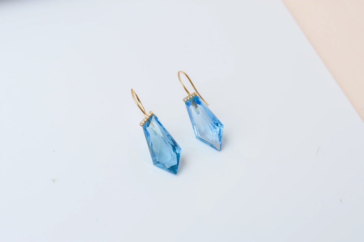 18K gold blue topaz drop earrings with diamond accent