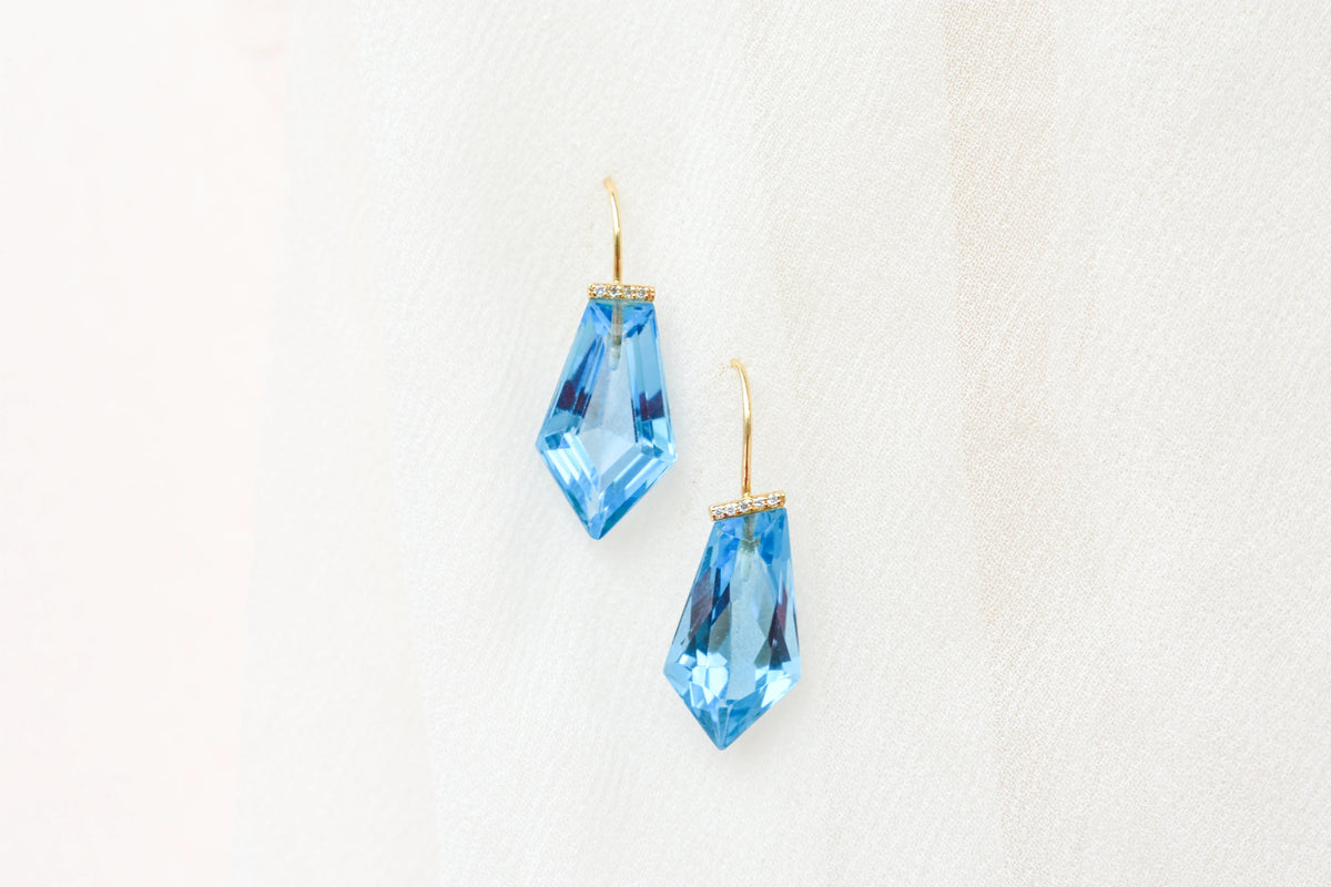 18K gold blue topaz drop earrings with diamond accent