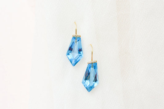 18K gold blue topaz drop earrings with diamond accent