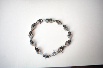 Genuine smoky quartz and white cubic zirconia bracelet in 925 silver wave link design