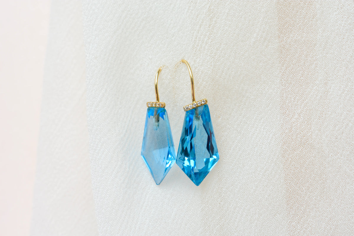 18K gold blue topaz drop earrings with diamond accent