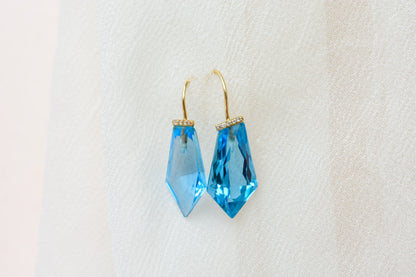 18K gold blue topaz drop earrings with diamond accent