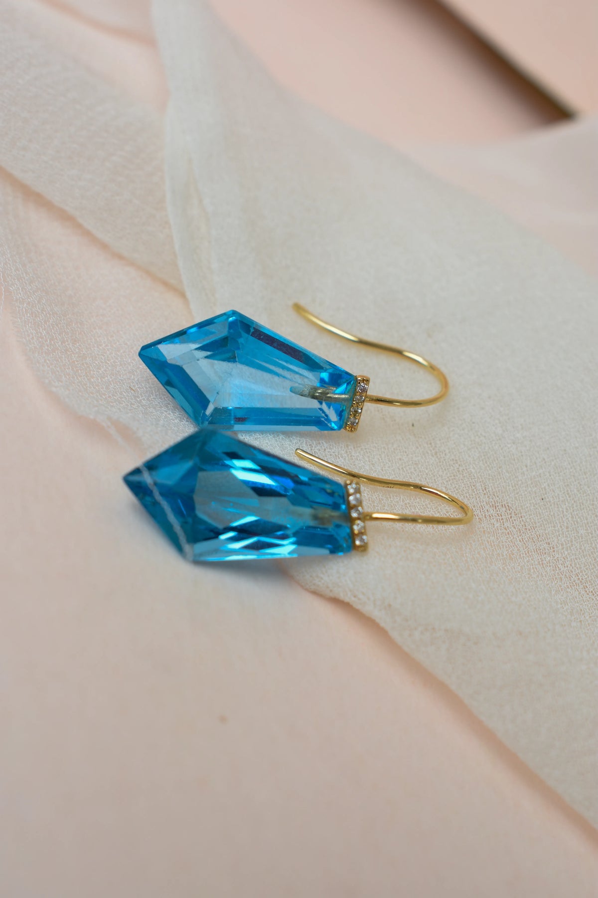 18K gold blue topaz drop earrings with diamond accent