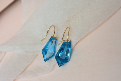 18K gold blue topaz drop earrings with diamond accent