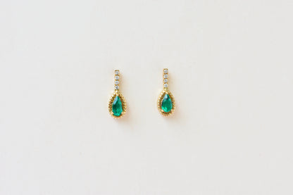 18K gold stud earrings with emerald and diamond accents