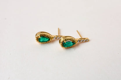 18K gold stud earrings with emerald and diamond accents