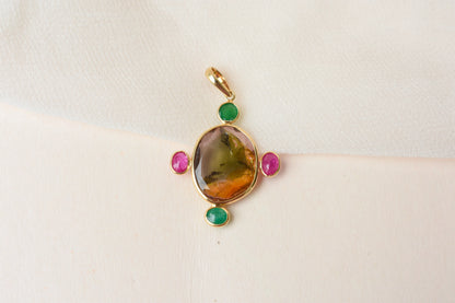 18K gold cross pendant with tourmaline, ruby, and emerald