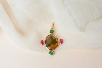 18K gold cross pendant with tourmaline, ruby, and emerald