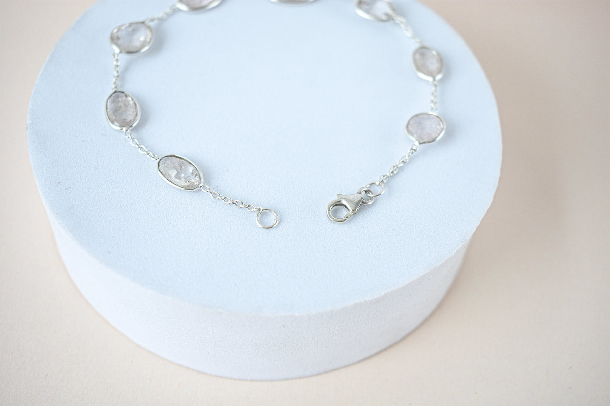 Morganite bezel bracelet by the yard in 925 silver with multi shape stones