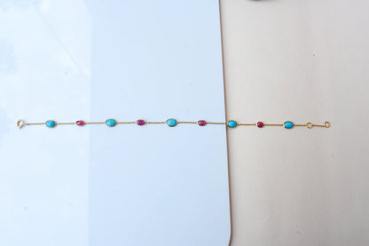 18K gold bracelet with turquoise and ruby stations