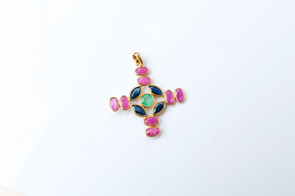18K gold cross pendant with ruby, sapphire, and emerald