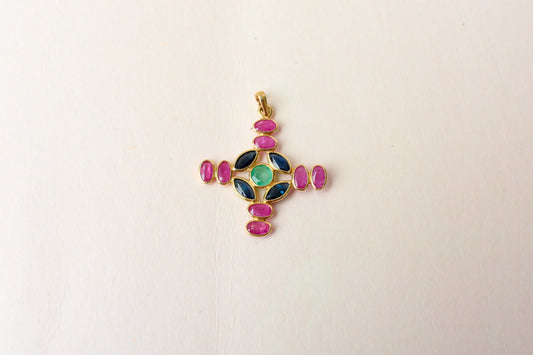 18K gold cross pendant with ruby, sapphire, and emerald