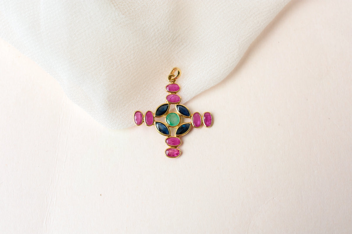 18K gold cross pendant with ruby, sapphire, and emerald
