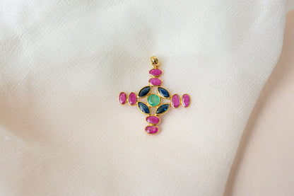 18K gold cross pendant with ruby, sapphire, and emerald