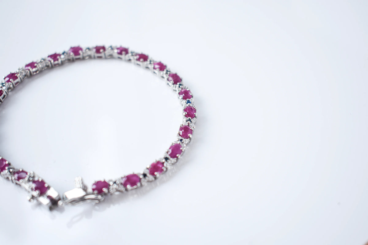 Ruby and cubic zirconia tennis bracelet with round stones set in 925 silver