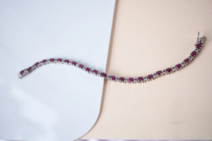Ruby and cubic zirconia tennis bracelet with round stones set in 925 silver