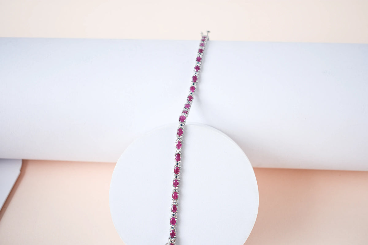 Ruby and cubic zirconia tennis bracelet with round stones set in 925 silver