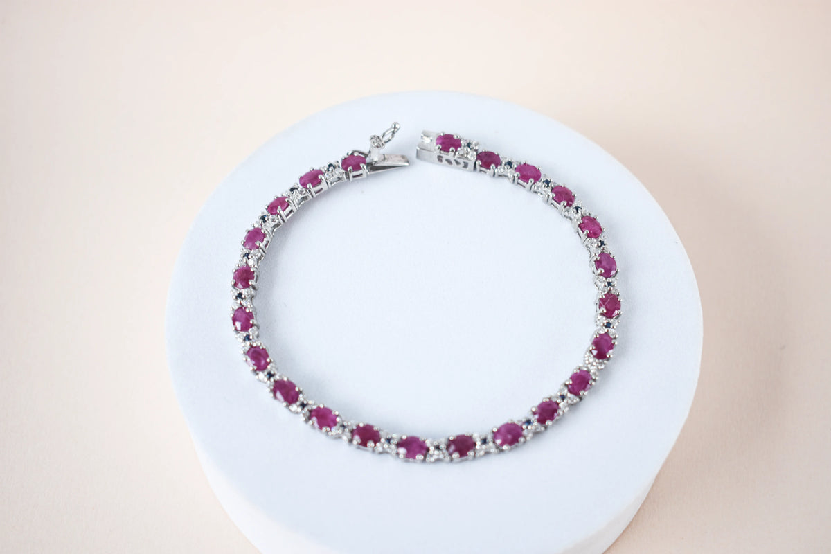 Ruby and cubic zirconia tennis bracelet with round stones set in 925 silver
