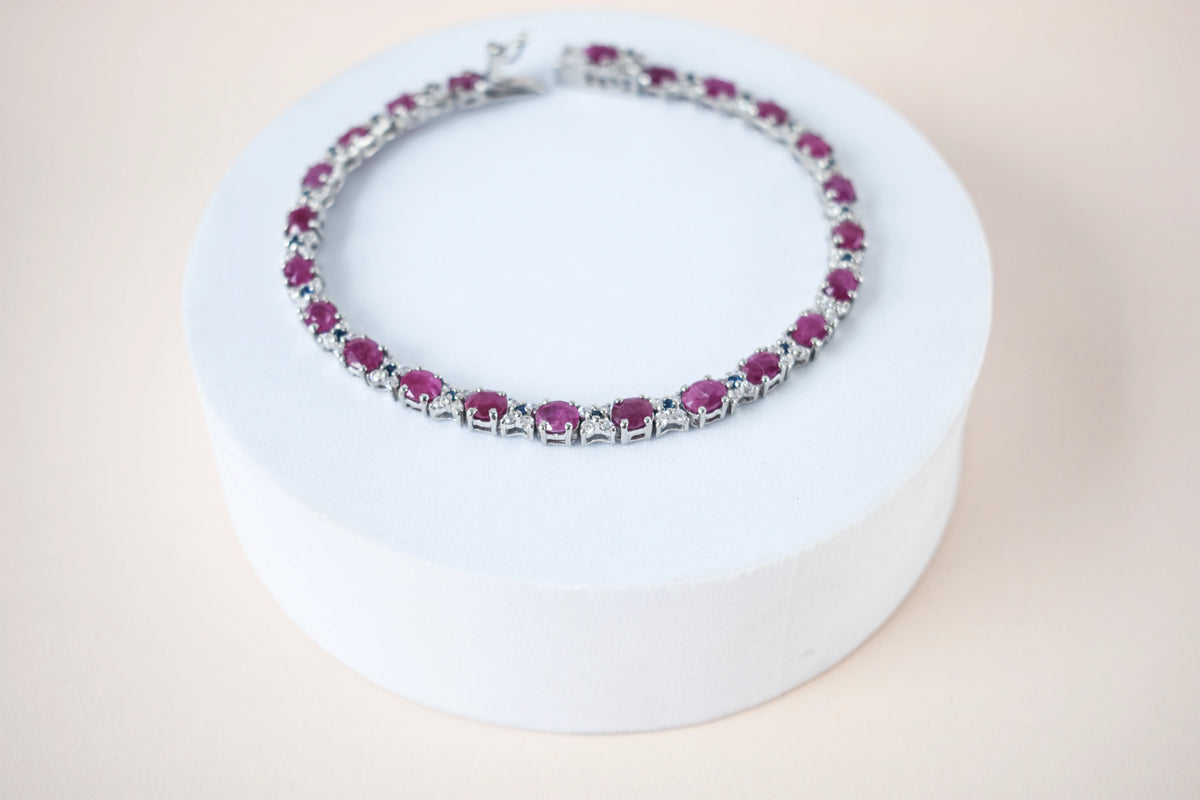 Ruby and cubic zirconia tennis bracelet with round stones set in 925 silver