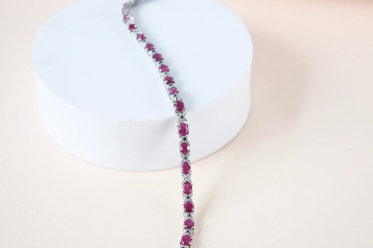 Ruby and cubic zirconia tennis bracelet with round stones set in 925 silver