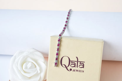 Ruby and cubic zirconia tennis bracelet with round stones set in 925 silver