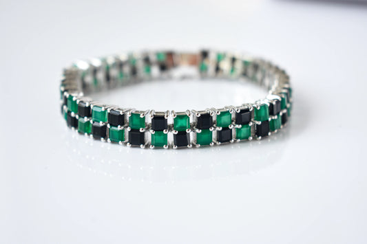 Malachite and onyx mosaic bracelet with square-cut stones set in 925 silver