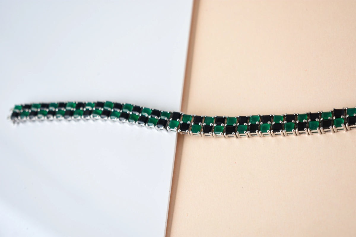 Malachite and onyx mosaic bracelet with square-cut stones set in 925 silver
