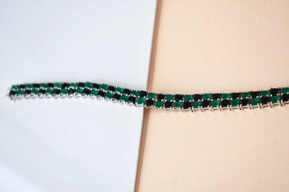 Malachite and onyx mosaic bracelet with square-cut stones set in 925 silver