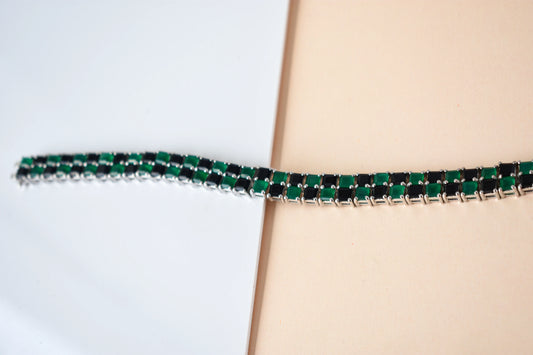 Malachite and onyx mosaic bracelet with square-cut stones set in 925 silver
