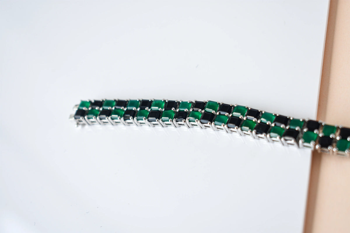 Malachite and onyx mosaic bracelet with square-cut stones set in 925 silver