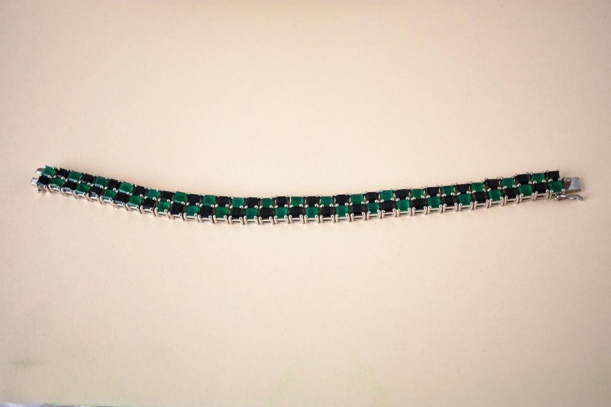 Malachite and onyx mosaic bracelet with square-cut stones set in 925 silver