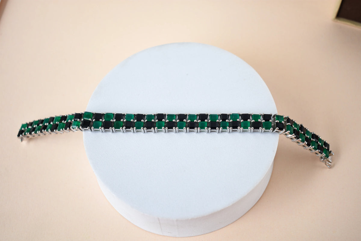 Malachite and onyx mosaic bracelet with square-cut stones set in 925 silver